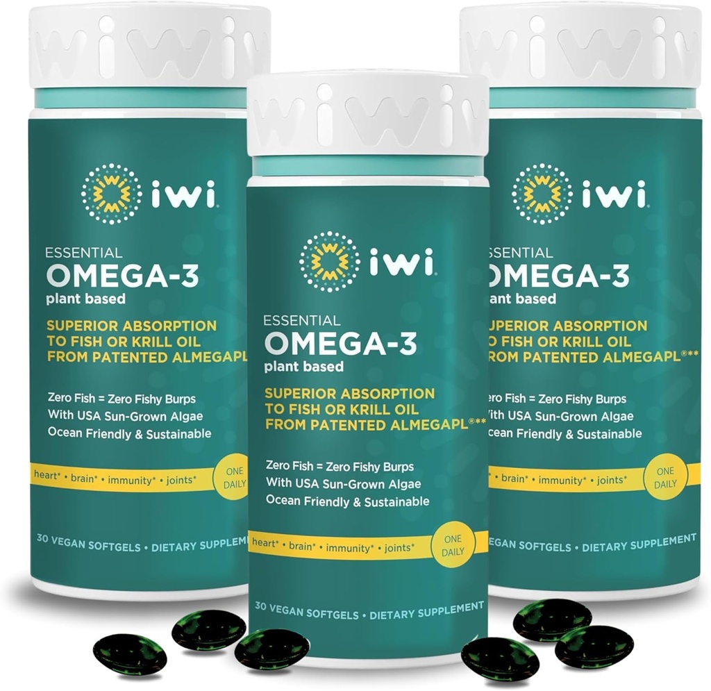Iwi Omega-3 Essential, 90 Softgels (90 portions), Algae Omega 3 à base de plantes avec EPA + DHA, Cerveau, Coeur & Immunissance Soutien Supplément diététique, Krill & Huile de poisson Alternative, Pas de arrière-goût de poisson