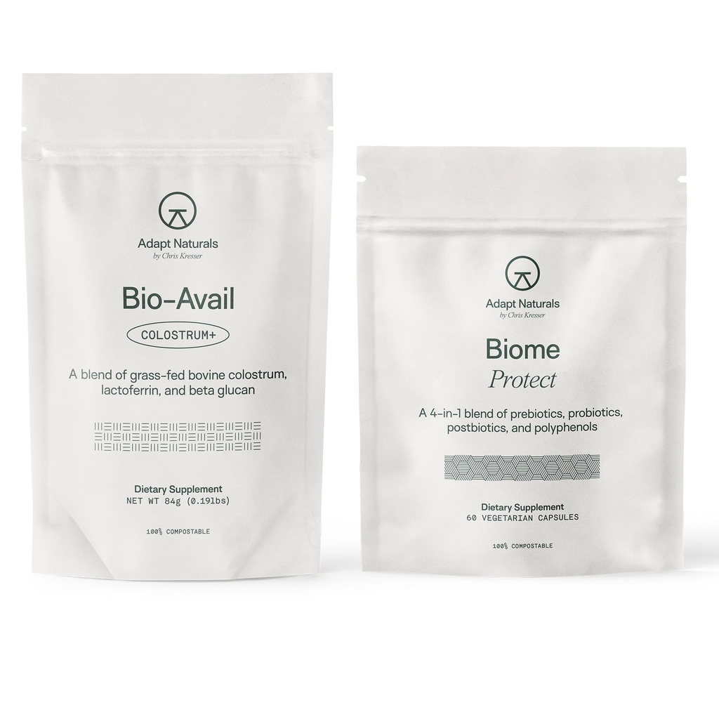 Adapt Naturals Gut & Immune Defense Bundle – Bio-Avail Colostrum+ Powder with Lactoferrin & Biome Protect 4-in-1 Gut Supplement – 30-Day Supply