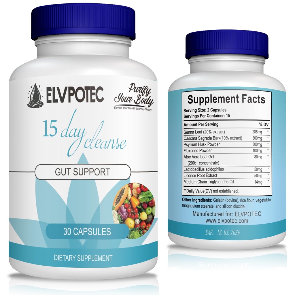 ELVPOTEC 15 Day Cleanse Formula - Gut and Colon Support | Advanced Gut Cleanse Detox with Senna, Cascara Sagrada & Psyllium Husk | Non-GMO | Made in USA | 30 Capsules