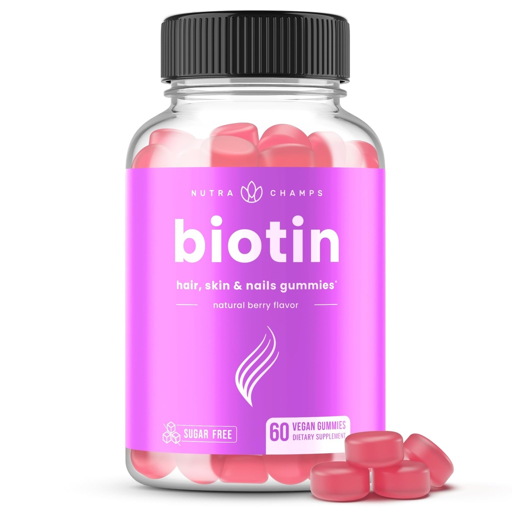 NutraChamps sans sucre Gommies de biotine 10000mcg [haute puissance] - Cheveux, peau et ongles sains pour les femmes, les hommes et les enfants - 5000mcg dans chaque gommy - Vegan, non-OGM, supplément de vitamines pour la santé des cheveux - framboise