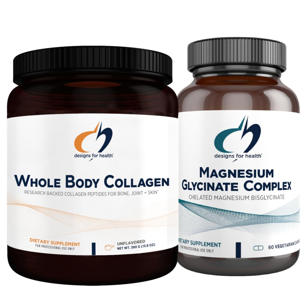 Designs for Health Magnesium Glycinate Complex (60 capsules) & Colagène du corps entier (30 portions) Bundle - Magnésium à haute absorption avec poudre de collagène premium pour soutenir les os, la peau et les articulations
