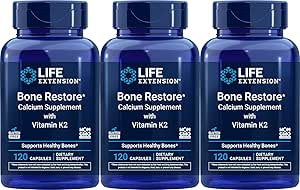 Life Extension Bone Restore Calcium Supplement with Vitamin K2, 120 Capsules (Pack of 3)