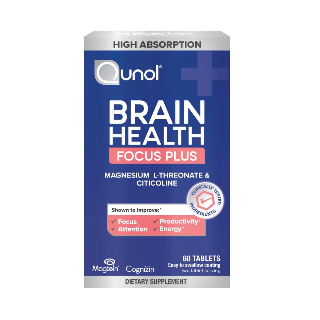 Qunol Cerveau Santé Focus Plus, Magnésium L-Thréonate & Citicoline, Ingrédients testés cliniquement pour améliorer la concentration, l'attention et la productivité, 60 Compte (paquet de 1)