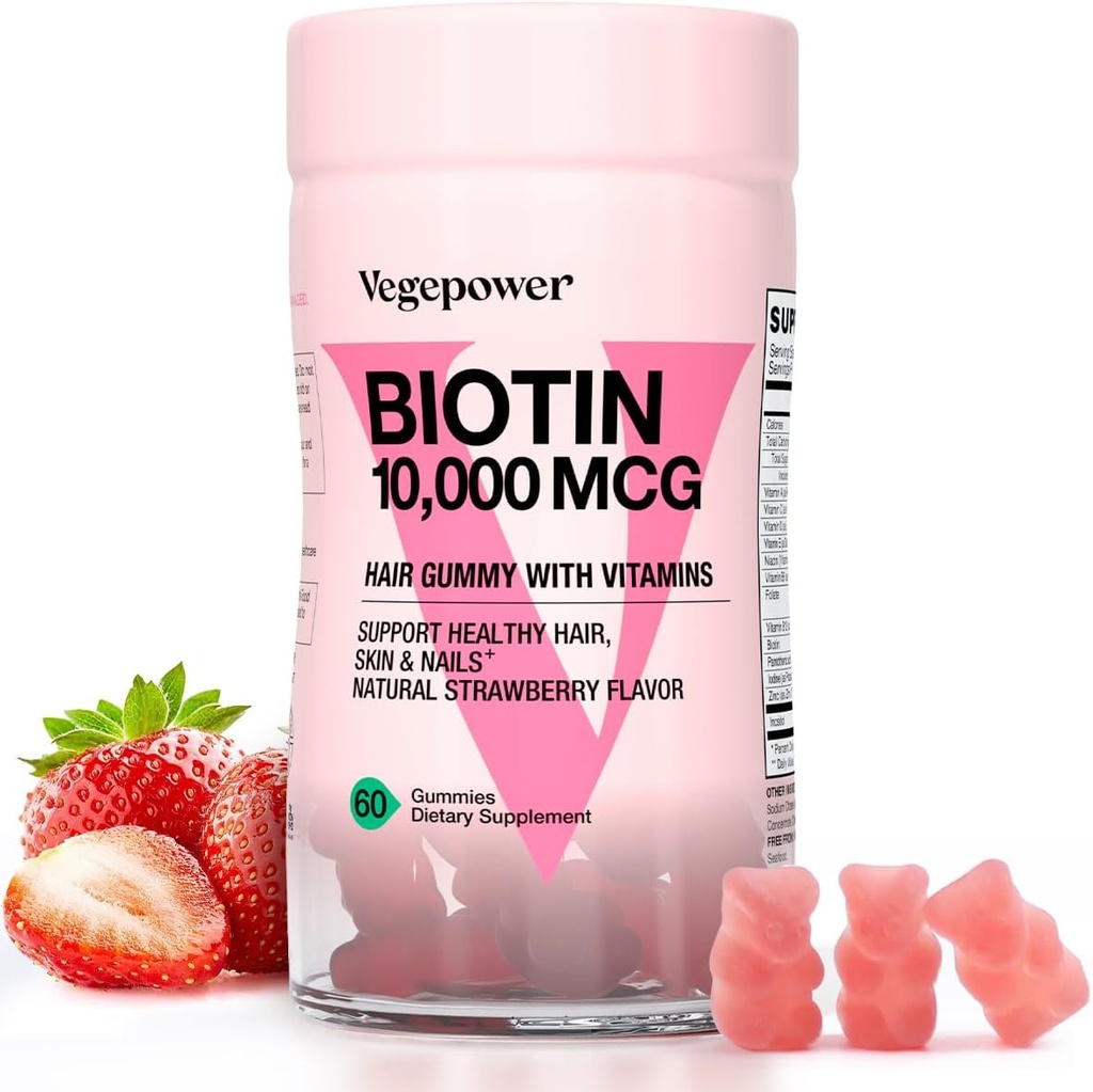 Gommies de biotine pour la croissance des cheveux 10000mcg - Vitamines de biotine végétalienne soutient les cheveux, la peau et les ongles sains, Gommy de vitamine capillaire pour les femmes et les hommes - Non-OGM, Supplément à croquer