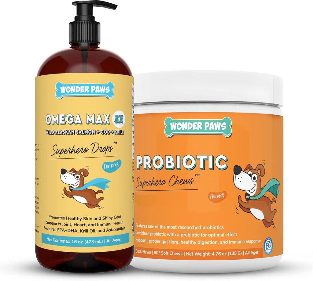 WONDER PAWS Omega Max Fish Oil Plus Probiotic Chews - pour la santé articulaire des chiens, l'humidité de la peau, la santé et le bien-être quotidien - Omega Max 16 Onces - Probiotic 90 Chews