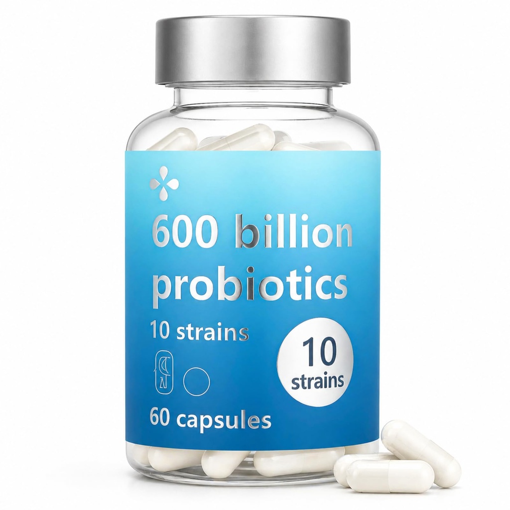 Probiotiques pour les femmes et les hommes, 60 milliards d'UFC par portion avec 10 souches et fibre prébiotique, Supplément probiotique quotidien pour la santé digestive, équilibre gustatif, soutien immunitaire, 60 capsules