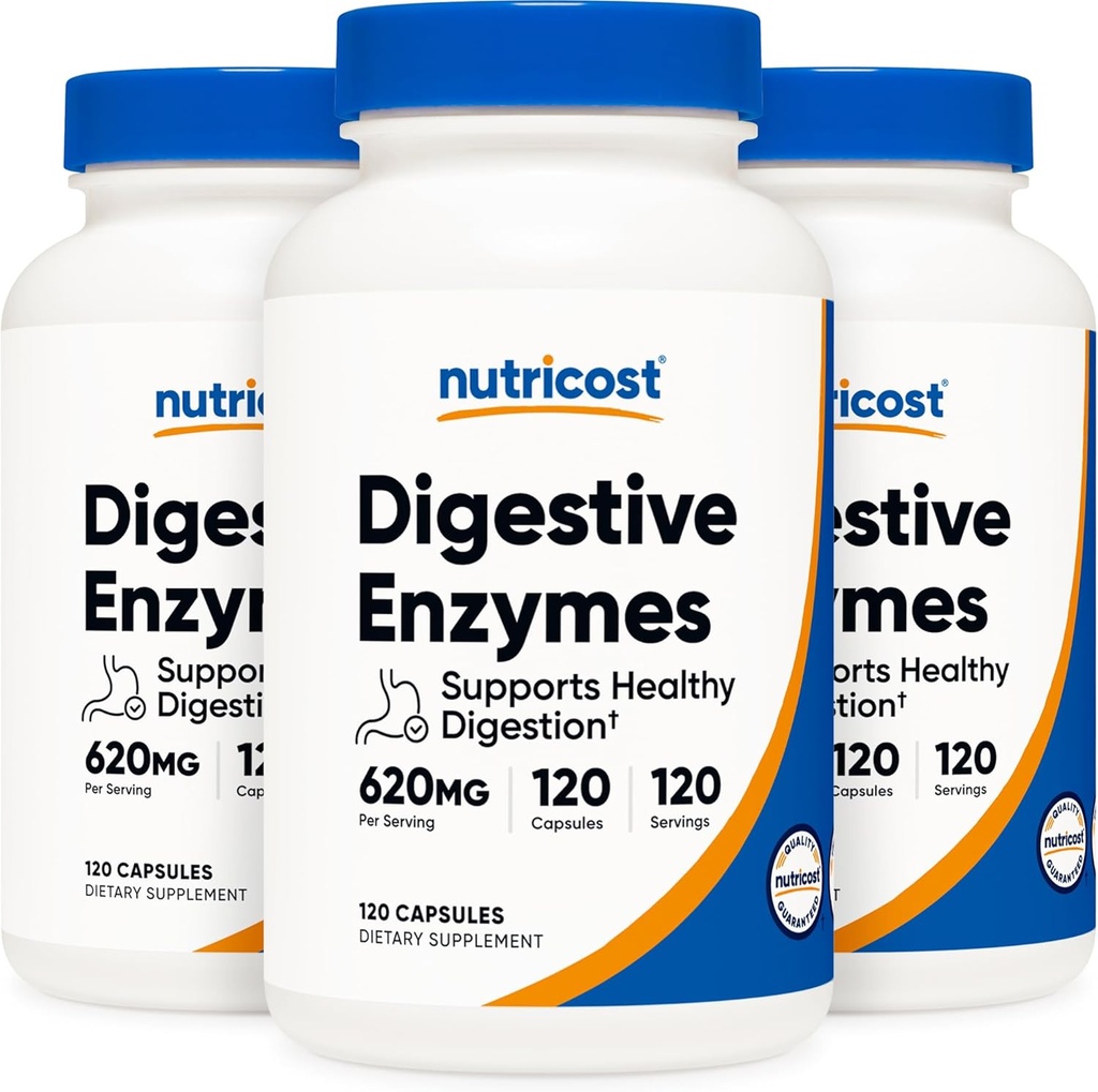 Nutricost Enzymes digestifs 620mg, 120 Capsules de Véggie (3 bouteilles) - Supplément complet enzymatique digestif