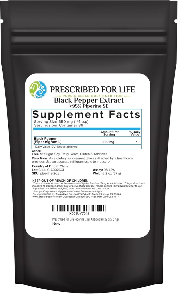 Prescripted For Life Piperine Powder, 95% Black Pepper Extract Powder, stimule l'absorption des nutriments, sans gluten, végétalien, non OGM, antioxydant naturel (2oz / 56g)