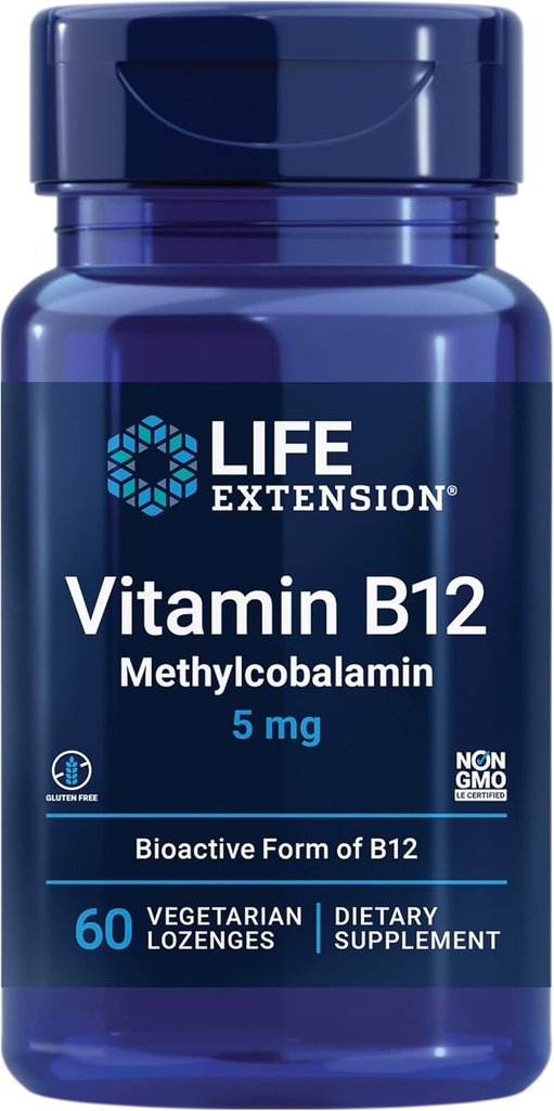 Life Extension Vitamin B12 Methylcobalamin, Nerve Health Supplement, Cognitive Support, Energy Vitamin, methylcobalamin B12, 5 mg, Quick-Dissolving, Gluten-Free, Non-GMO, Vegetarian, 60 lozenges