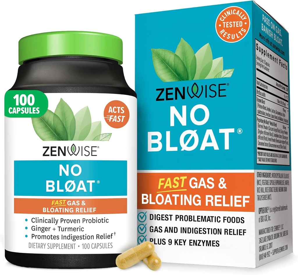 Zenwise Health No Bloat Enzymes digestifs pour Gut Health, Gas & Bloating Relief - Supplément de digestion multienzymes avec probiotiques, gingembre, dandelion et lactase curcuma - Hommes et femmes - 100 Comte