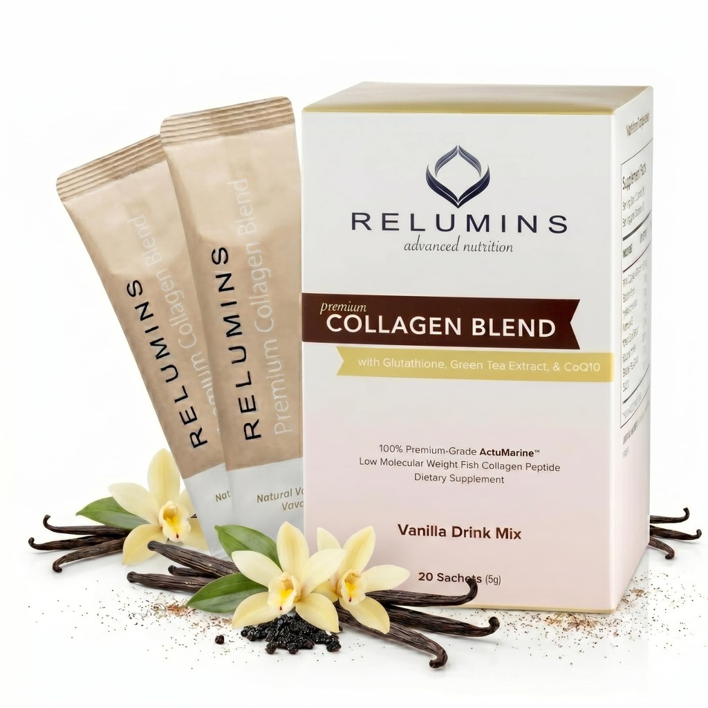 Relumins Marine Collagen Drink Mix 5000mg Type I, II, III Peptides with Glutathione, Green Tea, CoQ10 & Hyaluronic Acid for Smooth Glowing Skin - Vanilla Flavor - 100 Sachets + 10 Free