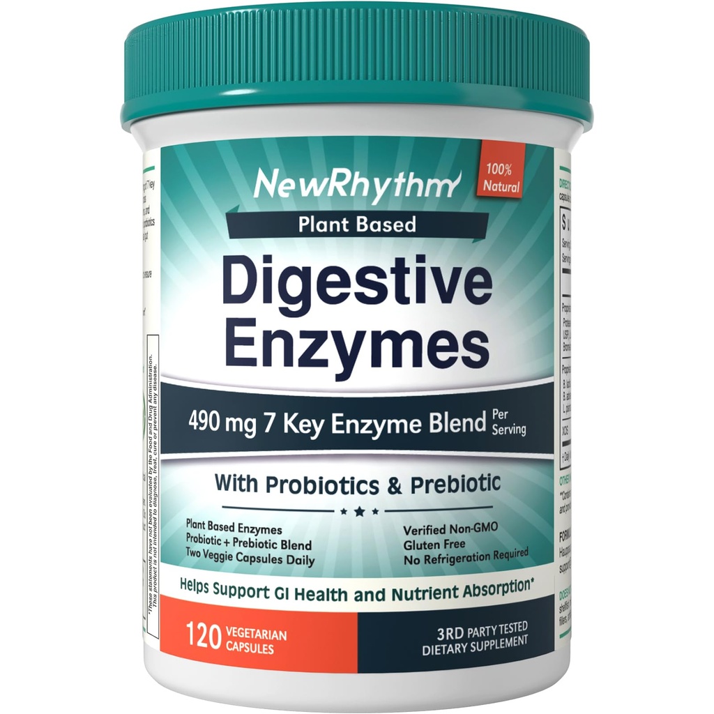 NewRhythm Enzymes digestifs 490 mg, avec probiotiques et prébiotiques, à base de plantes, 7 enzymes clés, digestion, absorption nutritive, protéase Amylase et lipase, 120 capsules végétaliennes