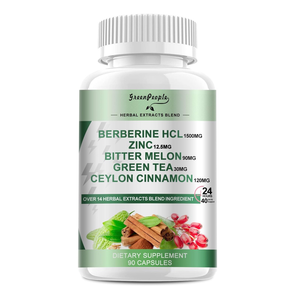 GREENPEOPLE Berberine Supplement with Ceylon Cinnamon - Berberine 1500mg Activates AMPK & GLP-1 Berberine HCL Capsules with Bitter Melon/Artichoke Extracts & Natural Herbs for Immune Support 90 Count