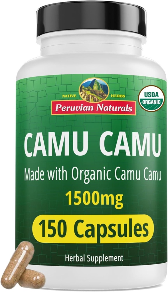 Peruvian Naturals Organic Vitamin C from Camu Camu Capsules 1,500mg - 150 Vegan Pills, Natural Vitamin C from Whole Food Camu Berry Organic, Non-GMO