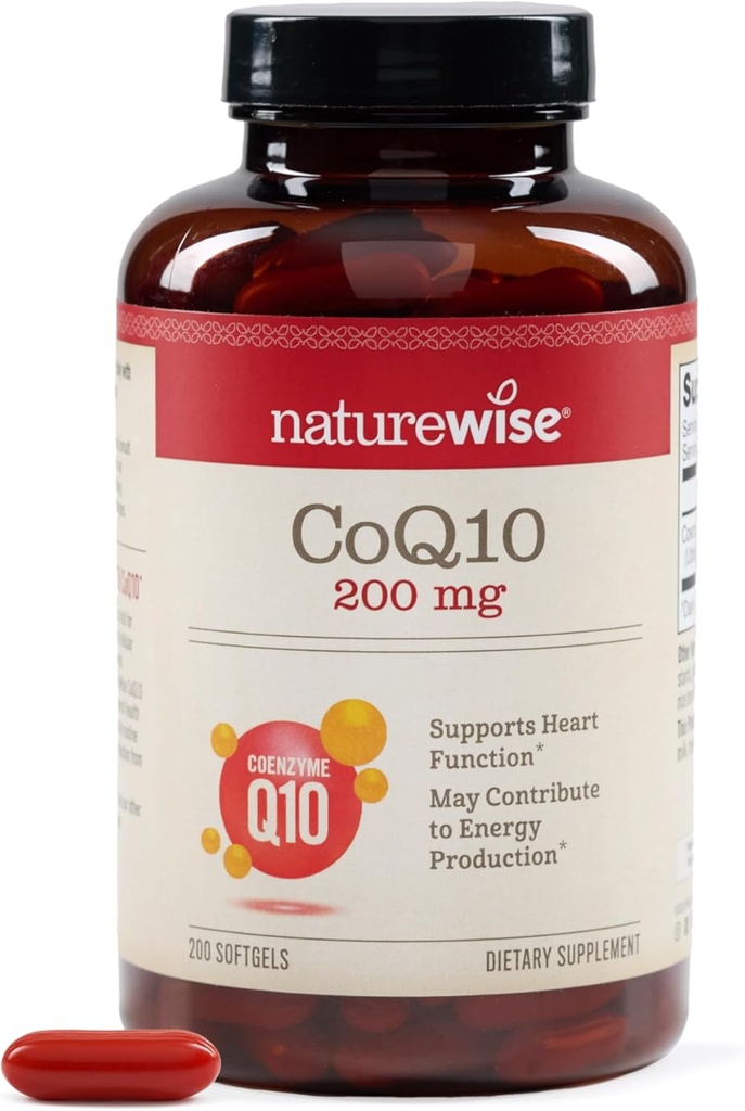 NatureWise CoQ10 200mg Softgels, Ubiquinone haute puissance - Supplément Coenzyme Q10 - Antioxydant pour la santé cardiaque + énergie - Vegan, non-OGM, sans gluten - 200 Compte[200 jours de réserve]