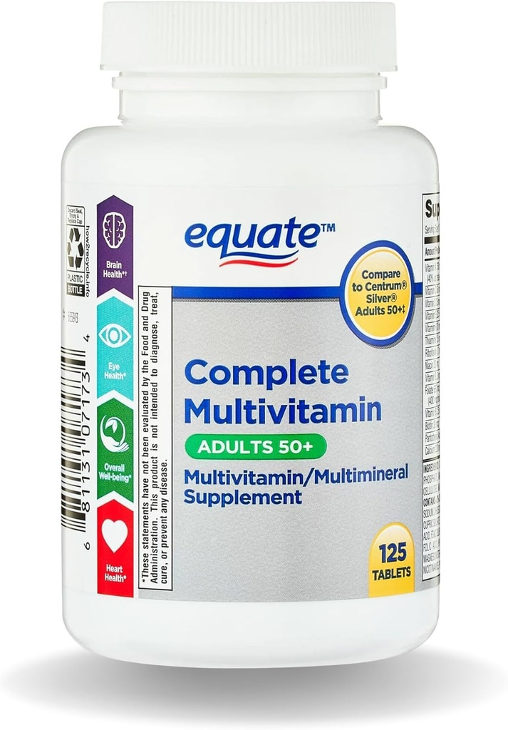 Equate Adult 50+ One Daily Complete Multivitamin Multimineral Supplement Tablets, Healthy Brain* - Compare to Centrum Silver, 125 Pills (Pack of 1) + VSL