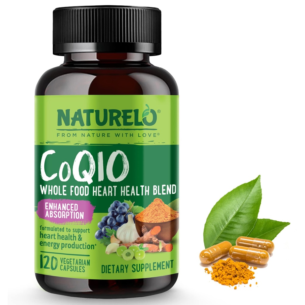 NATURELO Complement de CoQ10, 120 capsules de légumes, mélange de santé cardiaque, puissant antioxydant, CoQ10 100mg soutient la production d'énergie