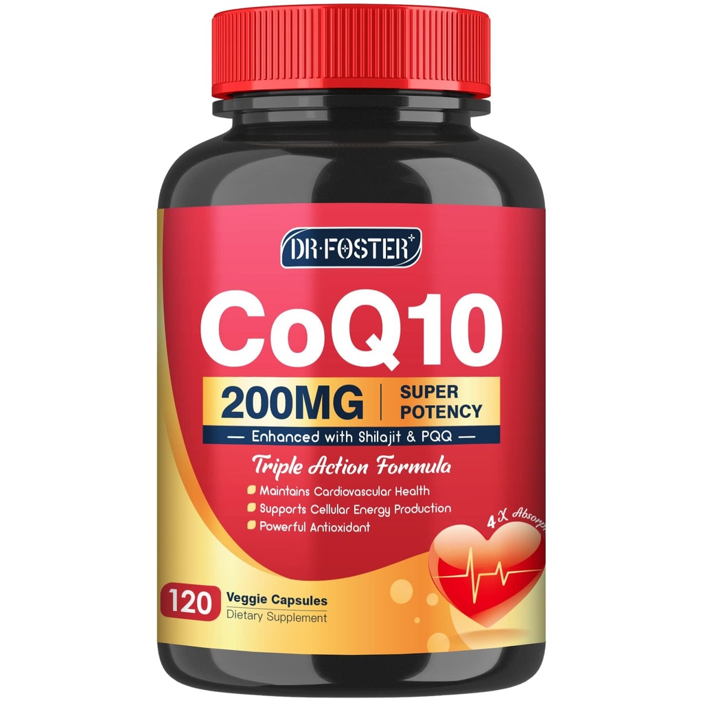 CoQ10 200mg avec PQQ & Shilajit - Absorption élevée avec Coenzyme Bioperine Suppléments Q10 - Antioxydant puissant pour la santé du coeur et du cerveau et la production d'énergie - 120 Capsules Veggie