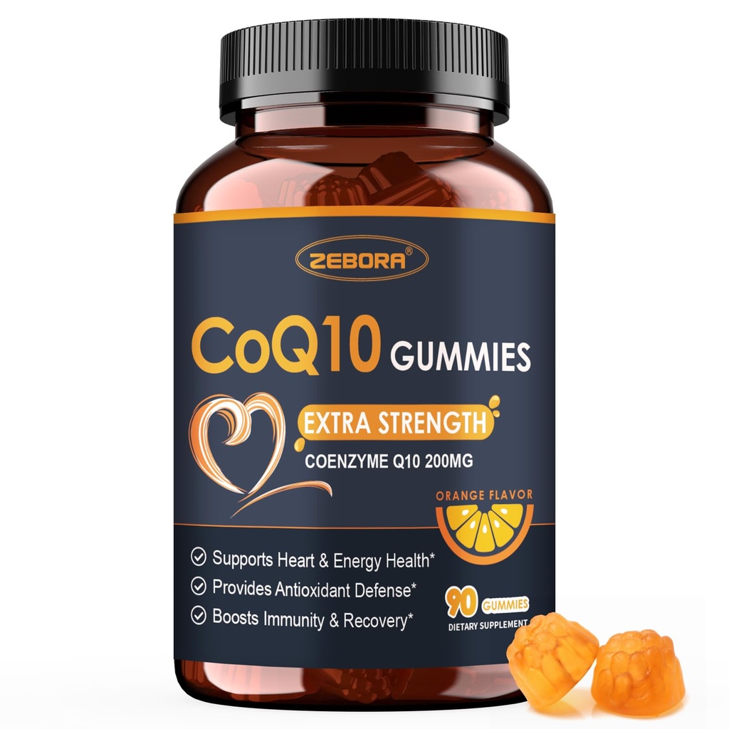 ZEBORA CoQ10 200mg Gummies, Coenzyme Q10 pour le soutien du cœur et de la santé immunitaire, puissant antioxydant, stimule l'énergie, l'orange naturel aromatisé, non-OGM, 90 Gummies