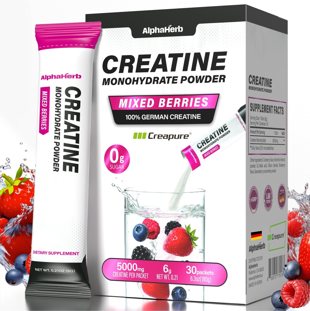 Creatine Monohydrate Stick Packs – 5g Micronized German Creapure® Creatine Powder, Sugar Free, Lean Muscle & Recovery, NSF Certified for Sport, Travel Size, 3 Flavors (30 Sticks)