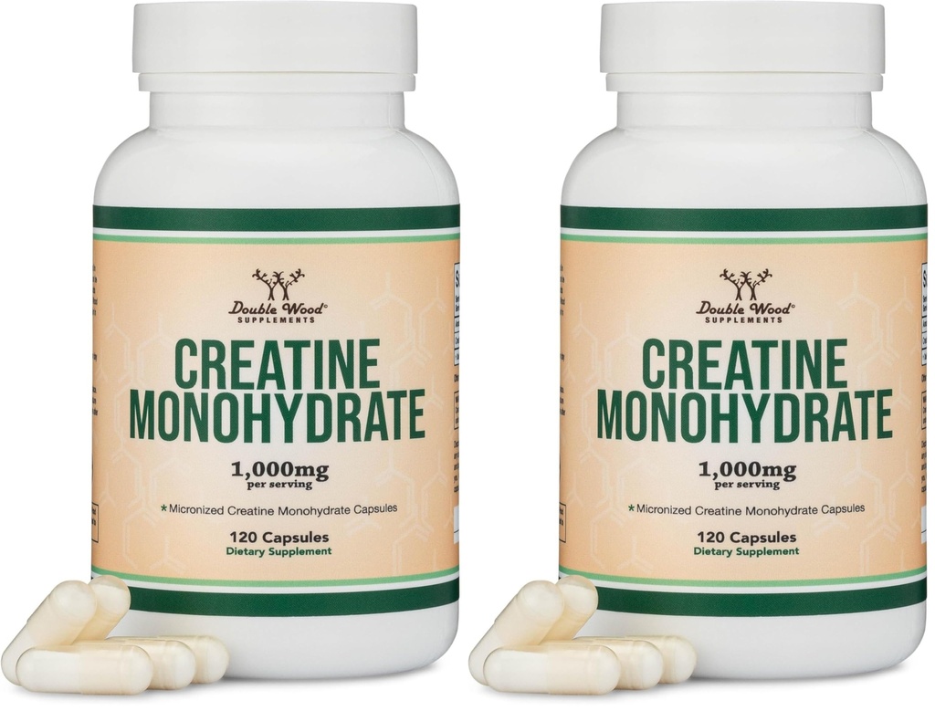 Capsules monohydratées de créatine - 1g par portion, 120 Nombre - Pas de remplissage, sans danger végétalien, sans OGM, sans gluten par double bois (paquet de 2)