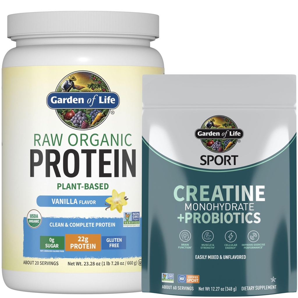 Garden of Life Protein & Creatine Bundle – Vegan Vanilla Protein Powder 20 portions avec BCAAs, Probiotiques & Enzymes + Creatine Monohydrate Pré-entraînement 60 portions pour le muscle, la force et la performance
