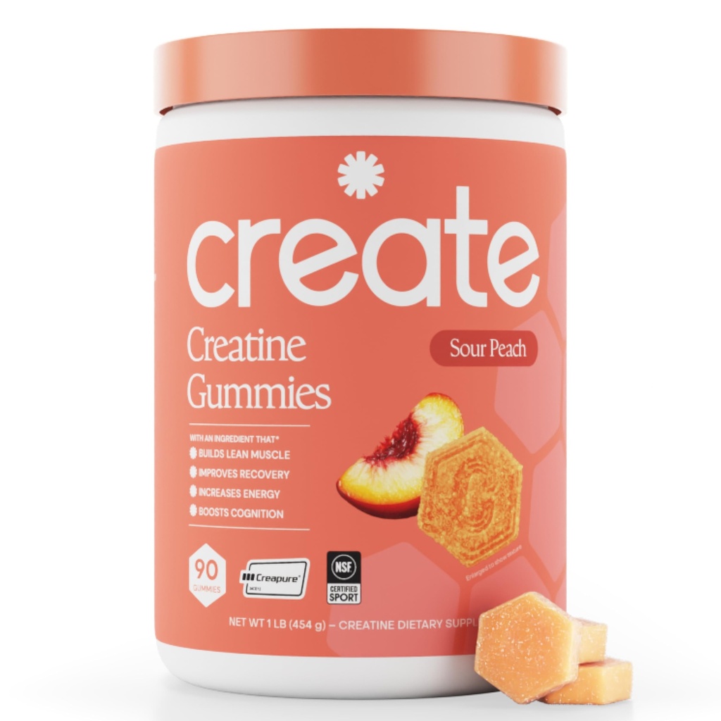 Create Creatine Monohydrate Gummies for Men & Women, Boost Focus, Strength, and Endurance, Anti-Melting Formula, Vegan, Gluten-Free, Non-GMO, 1.5g of Creatine per Gummy (Sour Peach)