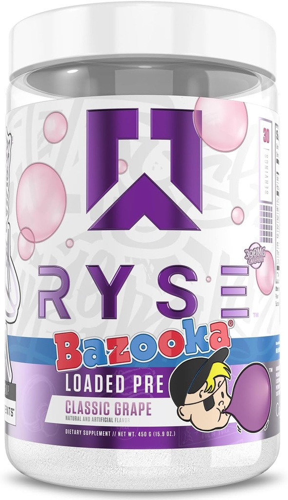 RYSE Charged Pre Workout Poudre - Bazooka Grape - Pré-entraînement quotidien pour les hommes et les femmes avec 390mg de caféine, Beta Alanine et Citrulline pour pompe, focus et énergie - 30 portions