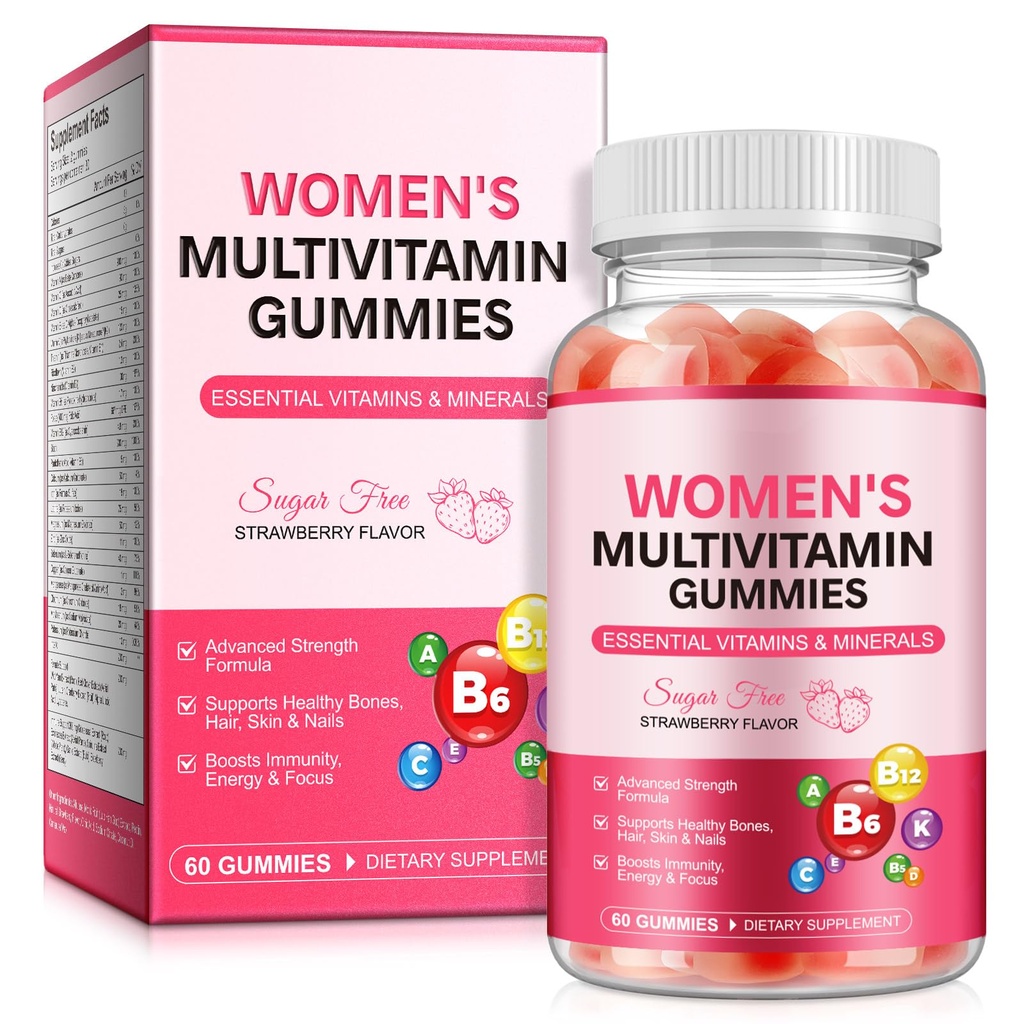 Women's Multivitamin Gummies with Iron, Inositol, Zinc, Biotin, Vitamin A C D3 E K2 B12 - Sugar Free, Vegan, Strawberry Flavored Multi Vitamins for Daily Energy & Wellness - 60 Count (30 Day Supply)