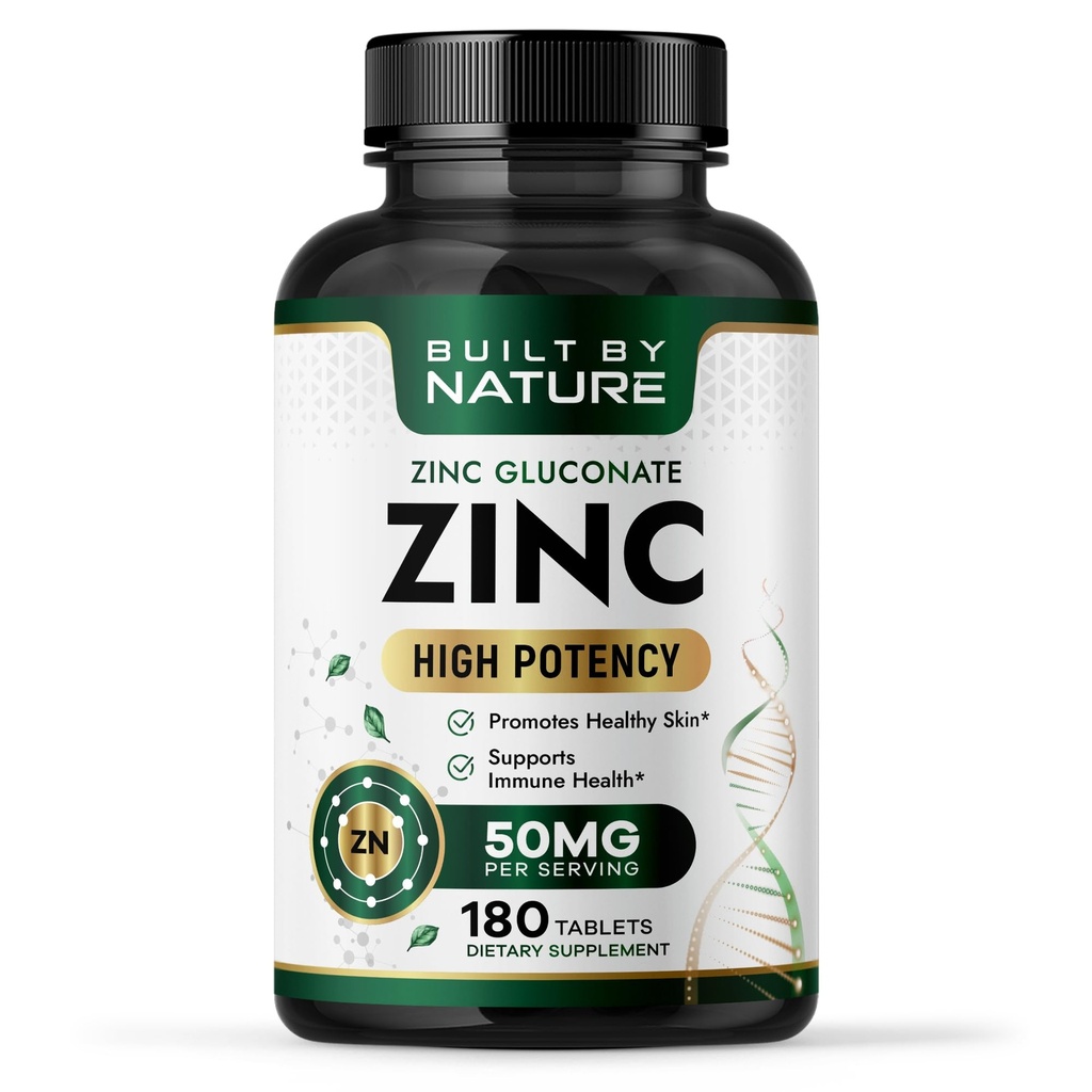 Construit par la nature Zinc 50 mg – Gluconate de zinc pour un support immunitaire et antioxydant hautement absorbant – favorise la peau, les yeux et la santé immunitaire – non-OGM, sans gluten – 180 comprimés
