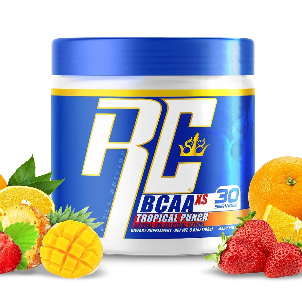 La poudre BCAA XS de Ronnie Coleman avec des AEA, Acides Amino à chaîne ramifiée après l'entraînement Récupération musculaire, boisson sans sucre pour les femmes et les hommes, Punch tropical, 30 portions