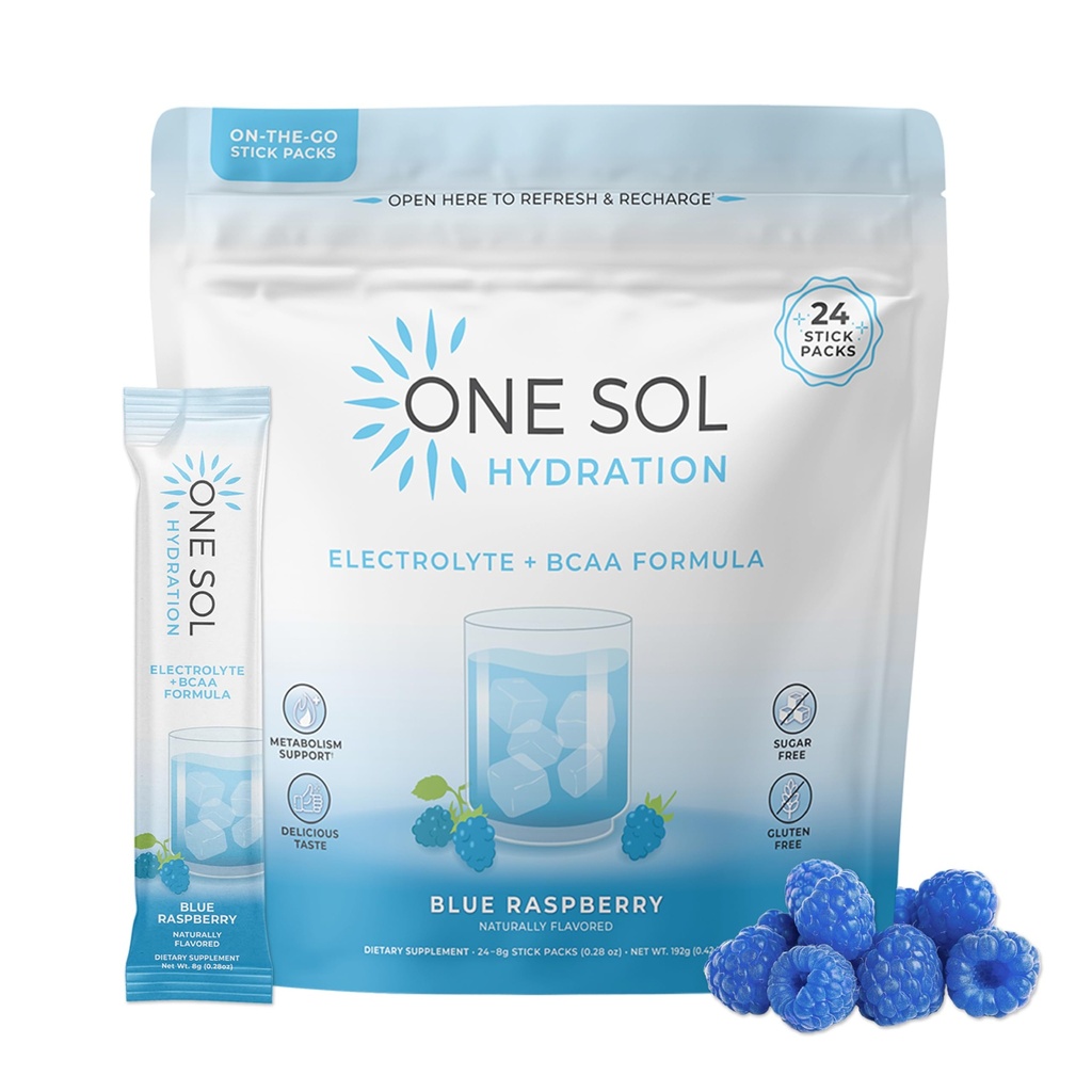 Un seul Sol BCAA et poudre d'électrolyte pour l'hydratation et l'énergie, formule tout-naturelle, 100% végétalien, non-OGM, sans gluten et sans soja, favorise la croissance et la récupération musculaire, saveur de framboise bleue naturelle