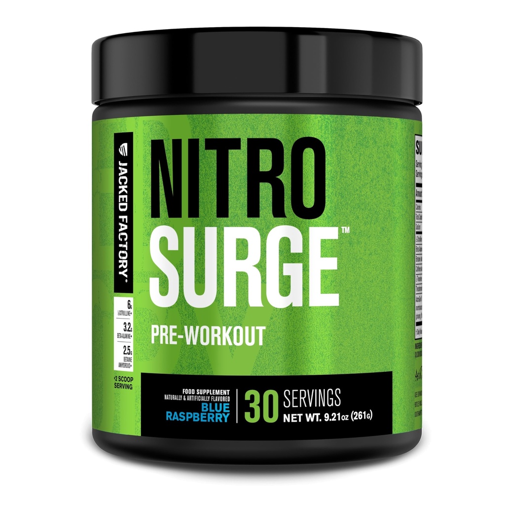 Supplément de pré-entraînement Jacked Factory NITROSURGE - Energy Booster, Instant Strength Gains, Clear Focus & Pompes Intenses - NO Booster & Powerful Preworkout Poudre d'énergie - 30 portions, Blue Raspberry