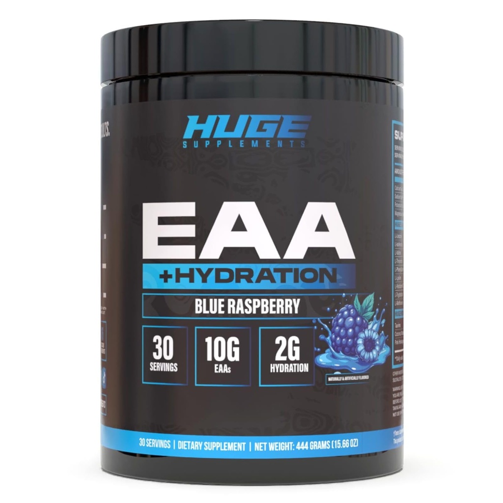 Énorme EAA + hydratation, acides aminés essentiels Poudre, AAE et BCAA, poudre de récupération intra et post entraînement, croissance musculaire, récupération et performance, 10g EAA et électrolytes, 30 portions (framboise bleue)