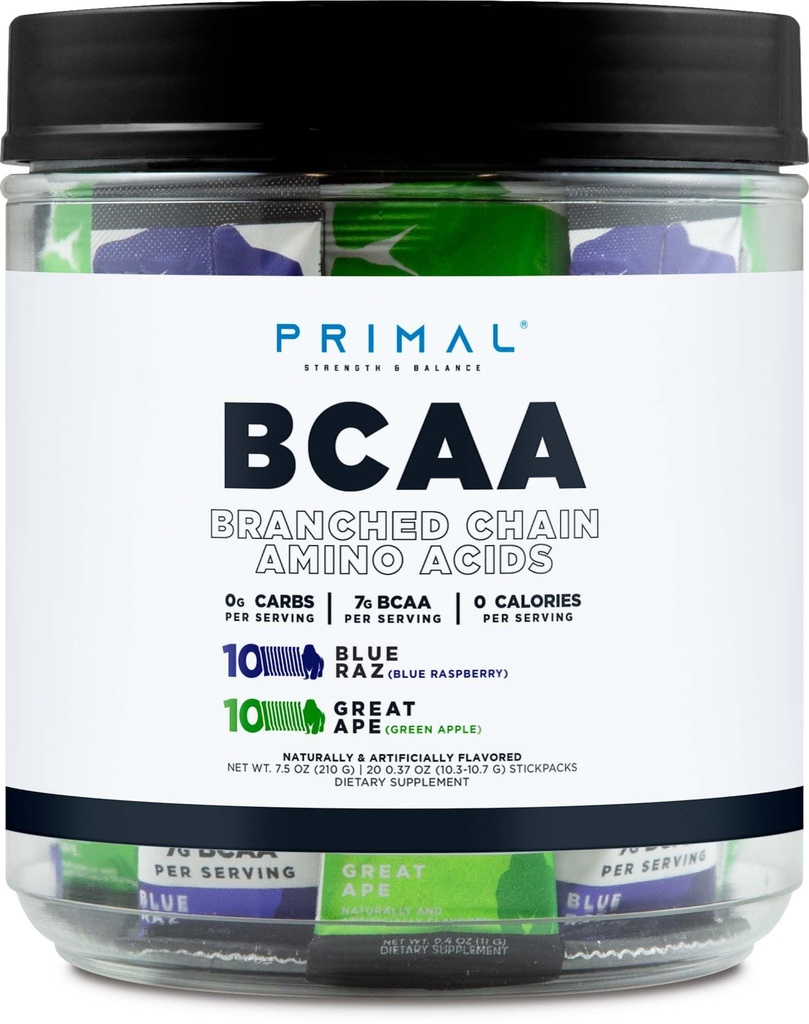 Primal BCAA Variety Pack, Blue Raspberry + Great Ape Green Apple Aromatisé (20 Stickpacks) - 7G BCAA par portion, Acides aminés à chaîne ramifiée