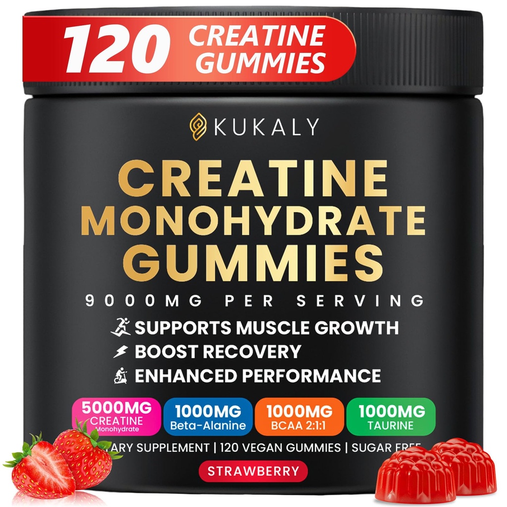 Gommies monohydratées créatine pour hommes et femmes, 9000MG Gommies créatine sans sucre avec L-Taurine, BCAA 2:1, B12 B6 pour stimuler la force, la concentration et l'endurance, végétalien, non-OGM, fraise, 120pcs