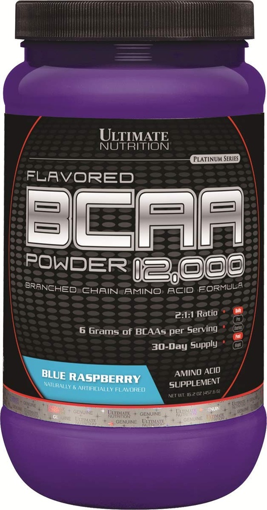 Ultimate Nutrition Aromatisée BCAA Powder 12000 Branched Chain Post Workout Amino Acid Supplement-Caffeine-Free avec 3g Leucine 1,5g Valine 1,5g Isoleucine- Blue Raspberry, 60 portions