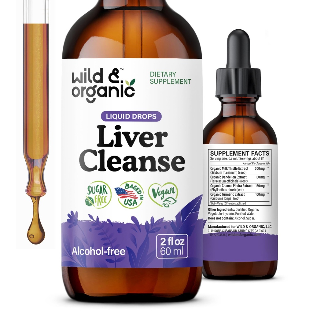 Teinture de nettoyage du foie sauvage et biologique - Formule de désintoxication du foie avec du chardon de lait, racine de dandelion, extrait de disjoncteur de pierre de la Chanca Piedra - supplément à base de plantes - gouttes liquides végétaliennes, sans sucre et sans alcool - 2 oz