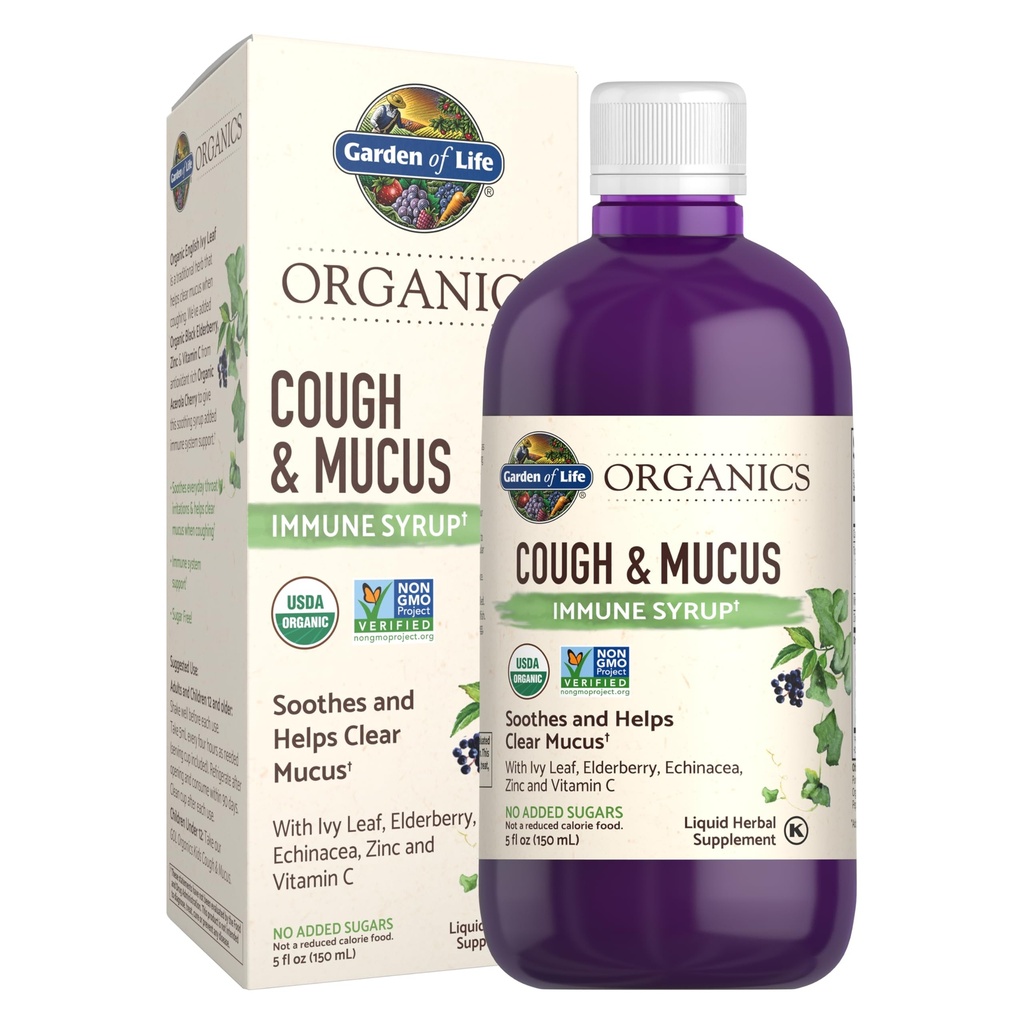 Garden of Life Organics Elderberry Zinc Immune Support pour les adultes et les enfants 12 ans et plus, Bio Cough & Mucus Immune Sirop avec Feuille Ivy, Vitamine C et Echinacea, Pas de sucres ajoutés, 5 Fl oz