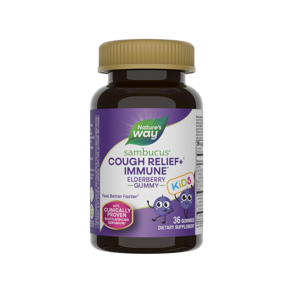 Nature's Way Sambucus Kids Cough Relief +(1) Immune Gummy*, Feel Better Faster(1), Clinically Proven South African Geranium, with Elderberry, Vitamin C & Zinc, Gluten Free, Vegetarian, 36 Gummies