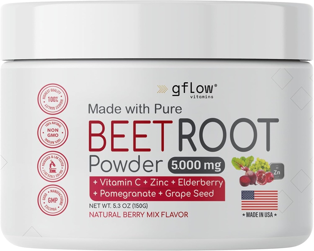 Poudre de racine de betterave - Boost d'oxyde nitrique et santé cardiaque - Supplément Superfood non-OGM - Saveur de mélange de baie naturelle, 30 portions