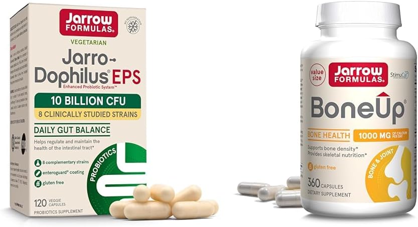 Formules de Jarrow Probiotiques et supplément de soutien aux os avec Jarro-Dophilus EPS 10 milliards CFU et BoneUp avec vitamine D3, K2 et calcium