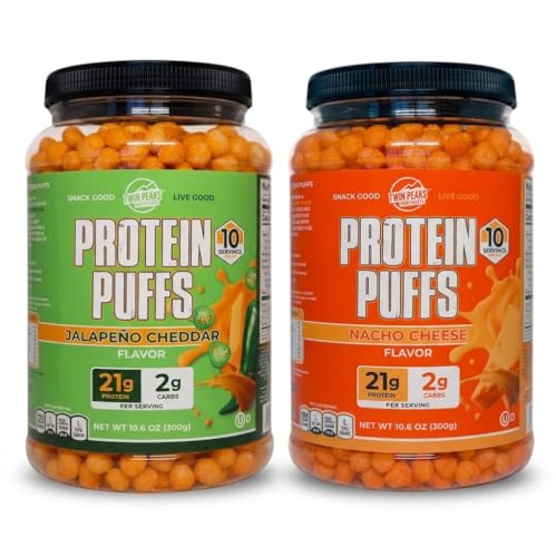 Puffes protéinées Twin Peaks (Nacho Cheese & Jalapeño Cheddar) – Snack à faible teneur en glucides (300g chacune), 21g de protéines, 2g de glucides nets, Snack à haute teneur en protéines