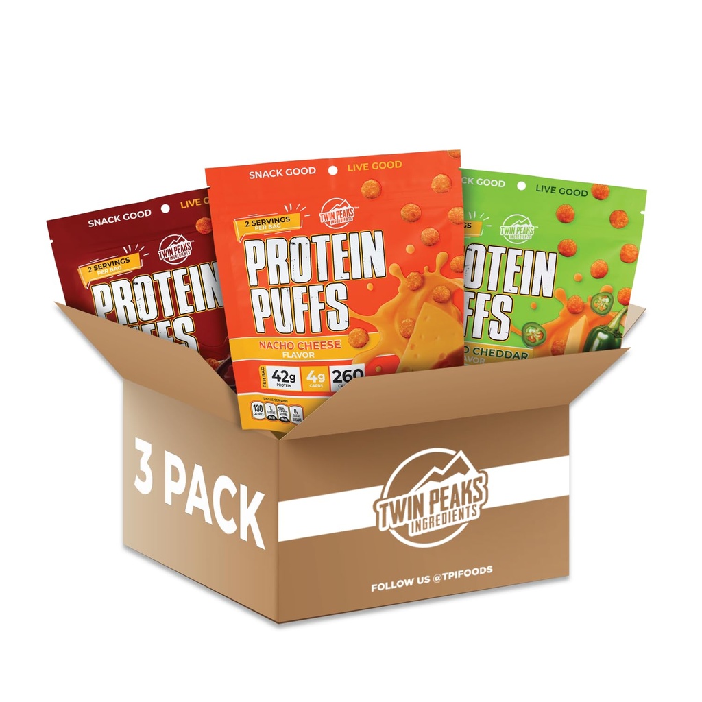 Twin Peaks Ingrédients Faible carb, Puffs protéiniques sympathiques aux kétos, (Paquet variety, 2.1 Once), 2 portions, 3 Pack (60g, 42g Protéines, 4g Carbs)