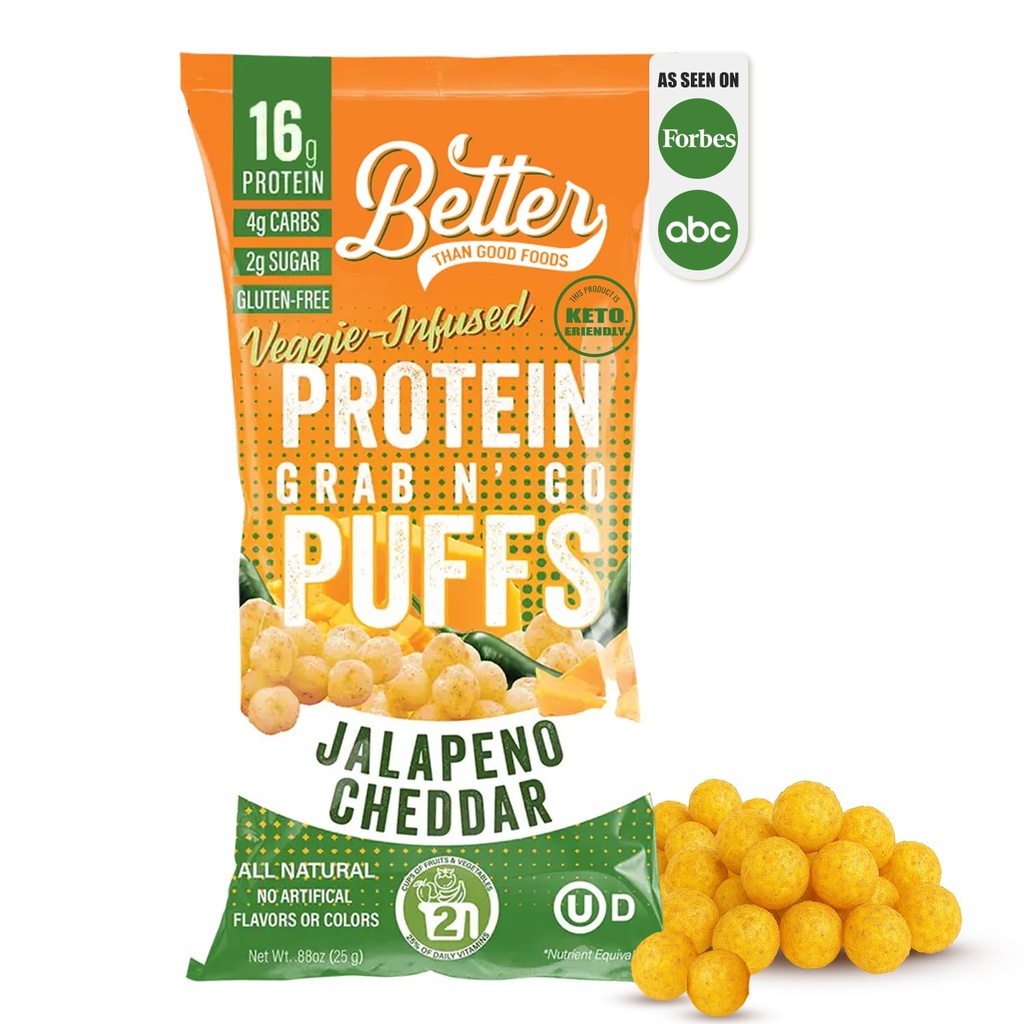 Mieux que bon Savory Keto Jalapeno Cheddar Puffs de protéines sans gluten -16g Protéines, faible sucre, faible calories, les collations diabétiques amicales.
