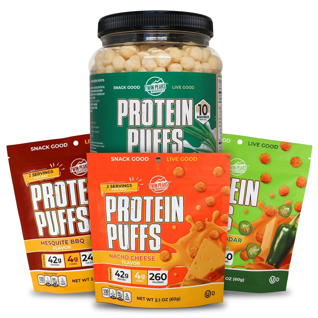 Twin Peaks Faible carb, Puffs protéiniques amis des kétos, crème acide et oignon + Twin Peaks Ingrédients Faible carb, Puffs protéiniques amis des kétos