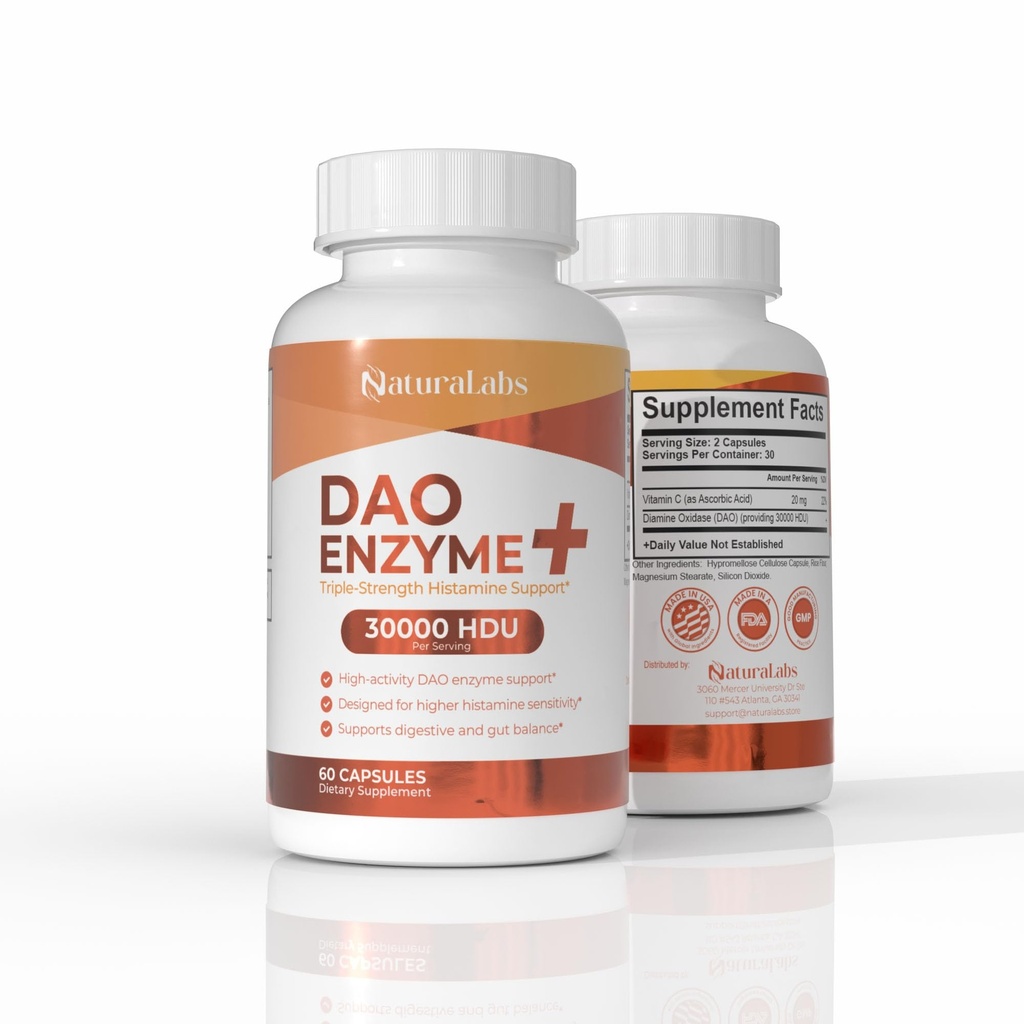 DAO Enzyme + Bloceur d'histamine - Formule HDU triple-strength 30,000 - Suppléments d'enzyme DAO avec vitamine C - Support digestif pour intolérance à l'histamine - 60 capsules