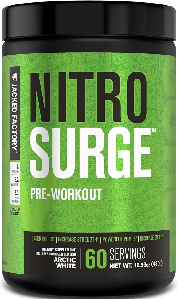 Jacked Factory NITROSURGE Pre Workout Supplement - Endless Energy, Instant Strength Gains, Clear Focus, Intense Pumps - NO Booster & Powerful Preworkout Energy Powder - 60 Servings, Arctic White