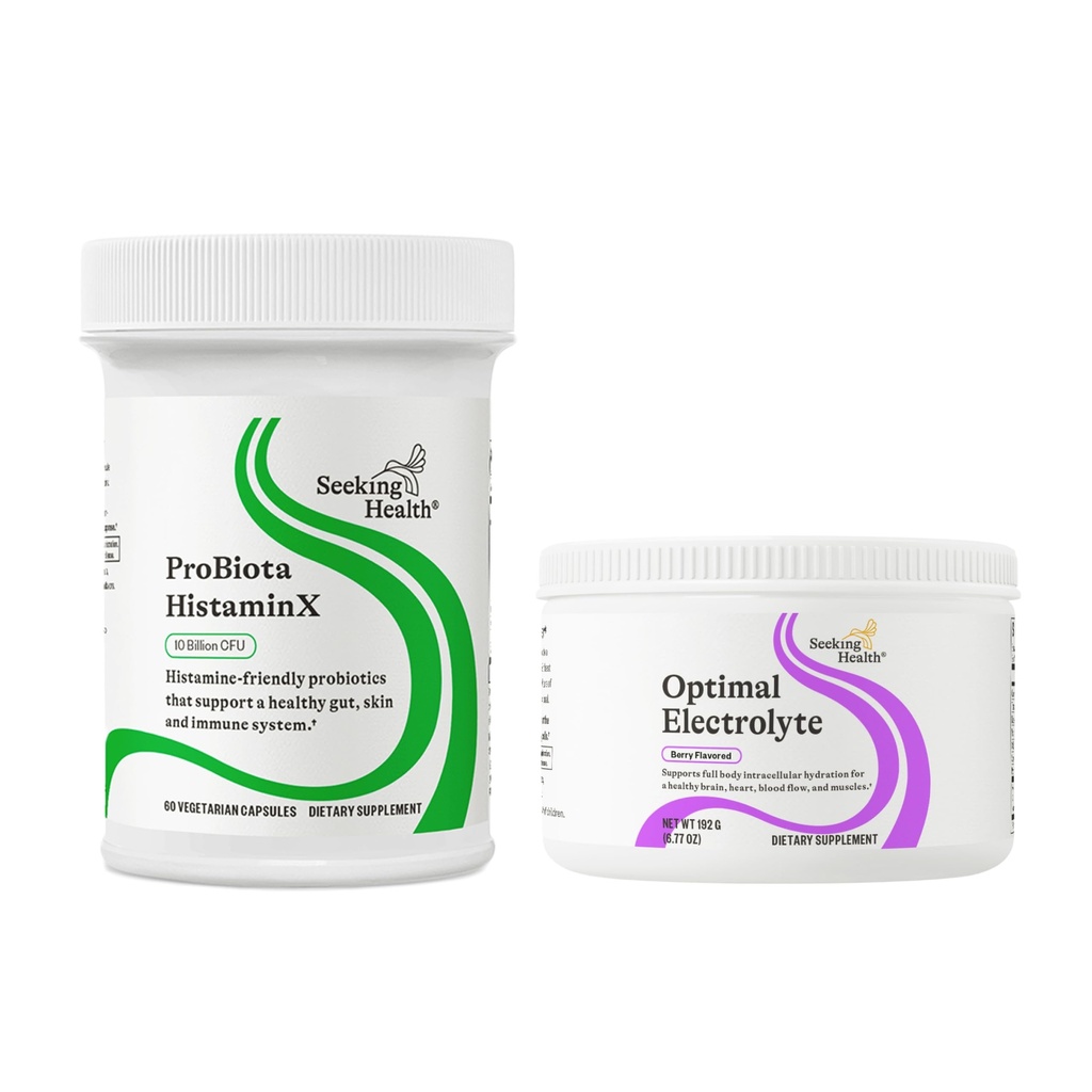 La recherche de la santé Gut & Hydratation Duo: ProBiota HistaminX Probiotique (60 ct) + Poudre d'électrolyte optimale Berry (30 portions) pour le bien-être digestif et l'énergie