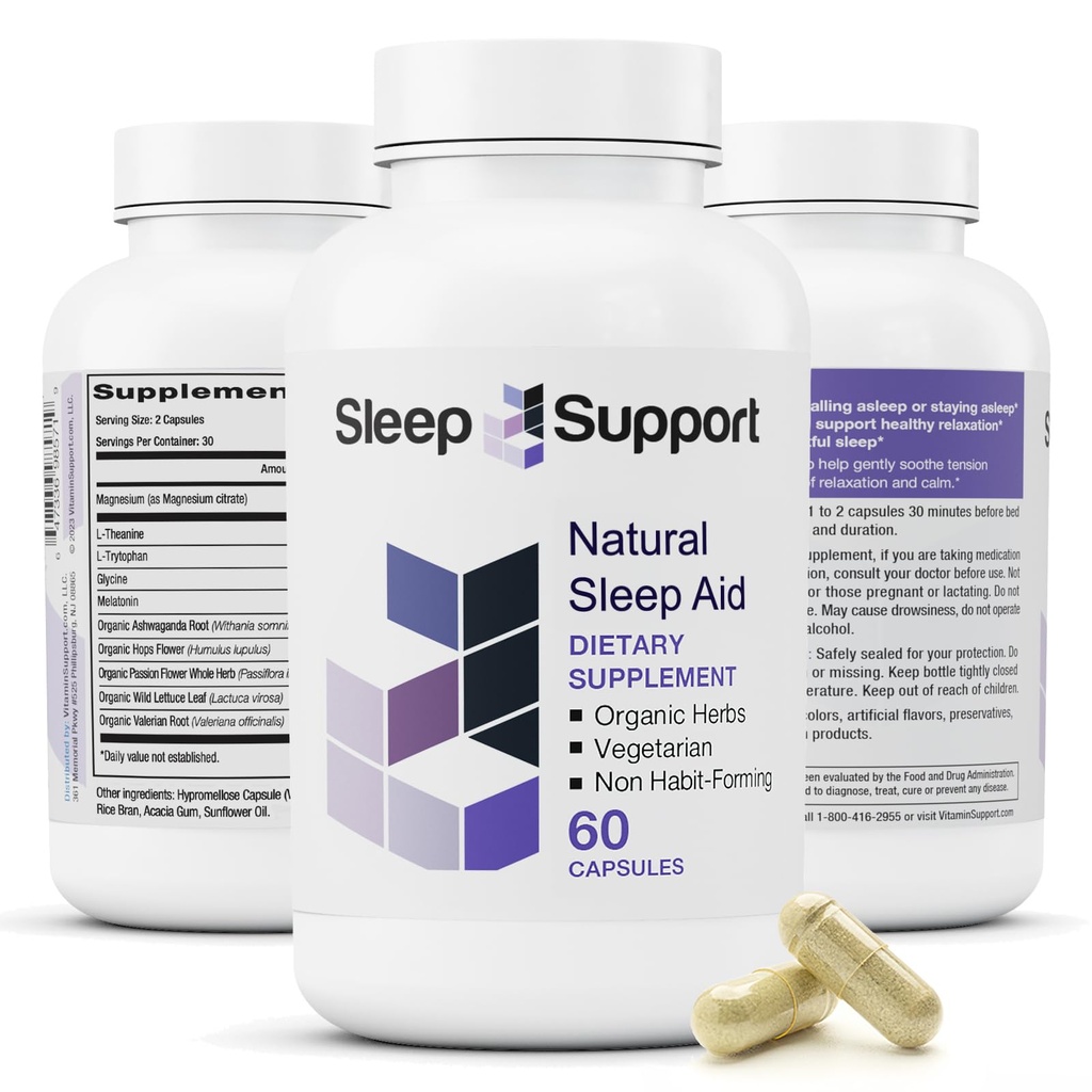 Soutien au sommeil - Aide naturelle au sommeil pour aider les adultes à promouvoir le calme et la détente - Supplément de sommeil biologique avec Ashwagandha, racine valériane, Magnésium, Mélatonine, Glycine, L-Tryptophane - 60 Capsules